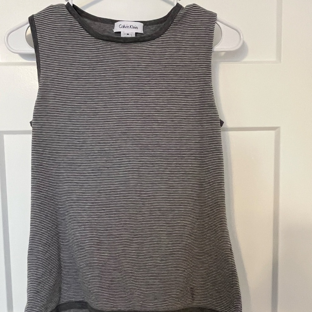 Calvin Klein 2 Piece Tank Top Cardigan Set Women 100% Cotton Gray White Stripe M - Picture 7 of 16